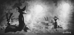  2017 absurd_res anthro baton canid canine clothed clothing digital_media_(artwork) disney female fox glowing glowing_eyes greyscale group hi_res holding_melee_weapon holding_object holding_sword holding_weapon jack_savage judy_hopps lagomorph leporid male mammal melee_weapon monochrome nick_wilde rabbit skye_(zootopia) smoke standing sword thewyvernsweaver weapon zootopia 