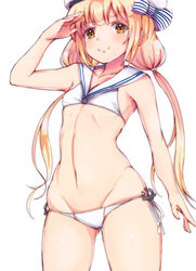  anchor bikini blonde_hair brown_eyes commentary_request cosplay female flat_chest futaba_anzu hat highres idolmaster idolmaster_cinderella_girls kantai_collection long_hair low_twintails navel photoshop_(medium) ryuu. sailor_bikini sailor_collar sailor_hat salute simple_background smile solo swimsuit twintails white_bikini white_hat z3_max_schultz_(kancolle) z3_max_schultz_(kancolle)_(cosplay) z3_max_schultz_(swimsuit_mode)_(kancolle) 