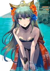  ahoge alternate_costume animal_ears atalanta_(fate) atalanta_(formal_dress)_(fate) bare_shoulders bent_over bikini blush bracelet breasts closed_mouth collarbone colored_eyelashes commentary_request cowboy_shot day fate/grand_order fate_(series) female flower hair_between_eyes hair_flower hair_ornament hibiscus highres jewelry long_hair looking_at_viewer multicolored_hair nail_polish navel ocean open_mouth outdoors purple_hair sarong side-tie_bikini_bottom small_breasts solo stomach swimsuit thighs two-tone_hair wading walzrj water yellow_eyes 