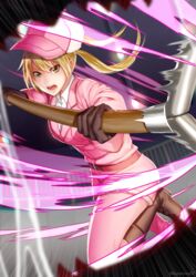  action akatsuki_(kuon) baseball_cap belt black_gloves blonde_hair boots breasts collared_shirt commentary_request cross-laced_footwear eosinophil_(hataraku_saibou) female fur-trimmed_headwear fur_hat fur_trim gloves hat hataraku_saibou highres jacket looking_at_viewer medium_breasts open_mouth pants polearm sasumata shirt short_hair solo twintails twitter_username ushanka weapon yellow_eyes 