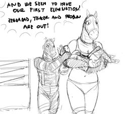  anthro big_breasts bill_(hladilnik) black_and_white bovid breasts carrying_another clothed clothing dialogue english_text equid equine female fighting_ring group hi_res hladilnik horse lagomorph laquine male mammal mask monochrome navel pro_bun_(hladilnik) text tinker_(hladilnik) wrestling wrestling_match zebra 