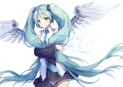  bad_id bad_pixiv_id detached_sleeves female green_eyes green_hair hatsune_miku headset long_hair looking_at_viewer mechanical_wings necktie oninaart simple_background skirt smile solo twintails very_long_hair vocaloid white_background wings 