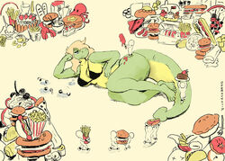  anthro avoid_posting banana_split bikini burger chips_(food) clothing conditional_dnp cuff_(restraint) deersun dessert doughnut female female_pred food fries hot_dog ice_cream iron_cuffs lizard metal_cuffs navel pancake pastry pizza potato_chips reptile restraints scalie shackles slave slightly_chubby sophie_(shyguy9) swimwear vore 