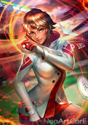  artist_name breasts brown_eyes brown_hair candela_(pokemon) commentary_request english_commentary female holding holding_poke_ball lips looking_at_viewer medium_breasts mixed-language_commentary neoartcore pantyhose photoshop_(medium) poke_ball poke_ball_(basic) pokemon pokemon_go short_hair smile solo thai_commentary thighs 