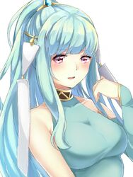  alternate_hairstyle aone_hiiro aqua_hair bare_shoulders blush breasts bridal_gauntlets collarbone commentary_request dress female fire_emblem fire_emblem:_the_blazing_blade hair_ornament halterneck large_breasts looking_at_viewer ninian_(fire_emblem) open_mouth ponytail red_eyes simple_background smile solo upper_body white_background 