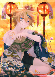  1boy blonde_hair blue_eyes collarbone crown fan floral_print full_body fur gigantic_o.t.n_(vocaloid) hanairi_kikkou honeycomb_pattern japanese_clothes kagamine_len lantern licking_lips looking_at_viewer male_focus mars_symbol multicolored_hair rei_(uupaa3) sitting smile solo tongue tongue_out traditional_clothes vocaloid 