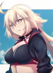  ahoge bikini bikini_top_only black_bikini black_jacket blonde_hair blush breasts choker cleavage closed_mouth cloud cloudy_sky commentary_request fal_(fal-se-0) fate/grand_order fate_(series) female jacket jeanne_d&#039;arc_alter_(fate) jeanne_d&#039;arc_alter_(swimsuit_berserker)_(fate) large_breasts long_hair looking_at_viewer o-ring shrug_(clothing) sky solo swimsuit very_long_hair yellow_eyes 