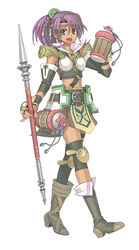  absurdres armor atelier_(series) atelier_annie boots braid dark-skinned_female dark_skin female full_body gillian_clout green_eyes hair_ornament headband highres long_hair official_art open_mouth photoshop_(medium) polearm ponytail purple_hair simple_background solo spear watanuki_nao weapon white_background 