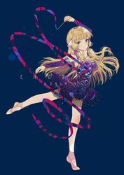  artist_name bare_shoulders blonde_hair breasts brown_eyes chii chobits commentary_request copyright_name dancer dangmill female leg_up long_hair medium_breasts ribbon robot_ears simple_background solo tiptoes 