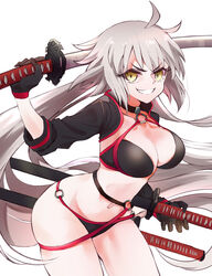  ahoge battoujutsu_stance bikini black_bikini black_choker black_gloves breasts choker cleavage collarbone commentary_request cowboy_shot fate/grand_order fate_(series) female fighting_stance gloves grin halterneck highres holding holding_sword holding_weapon iaidou jeanne_d&#039;arc_alter_(fate) jeanne_d&#039;arc_alter_(swimsuit_berserker)_(fate) katana kazuya0810 large_breasts long_hair o-ring o-ring_bikini o-ring_bottom o-ring_top ready_to_draw sheath sheathed shrug_(clothing) simple_background sleeves_past_elbows smile solo swimsuit sword thighs v-shaped_eyebrows very_long_hair weapon white_background white_hair yellow_eyes 