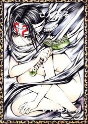  black_hair cloak commentary_request female green_eyes hand_up headband holding holding_sword holding_weapon kingdom_(series) kyoukai_(kingdom) long_hair low_ponytail marker_(medium) naked_cloak parted_lips ponytail shoes solo squatting sword traditional_media watermark weapon white_footwear yqgkg 