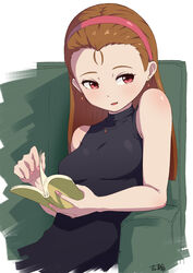  bad_id bad_pixiv_id black_shirt book breasts brown_hair commentary_request couch earrings female hairband idolmaster idolmaster_(classic) jewelry long_hair looking_to_the_side minase_iori nail_polish necklace pink_nails reading red_eyes red_hairband shirt sitting sleeveless sleeveless_shirt small_breasts solo turning_page yoshiwa_tomo 