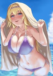  bare_shoulders bikini blonde_hair blue_eyes blue_sky blush breasts cloud collarbone day female front-tie_bikini_top front-tie_top granblue_fantasy hairband huge_breasts jeanne_d&#039;arc_(granblue_fantasy) jeanne_d&#039;arc_(summer)_(granblue_fantasy) lips long_hair navel ocean official_alternate_costume outdoors side-tie_bikini_bottom sky solo swimsuit tomiokasena tower wading 