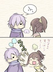  1boy angry bracelet brown_hair chibi cloak commentary_request dancer female gloves hair_over_one_eye jewelry navel necklace oboro_keisuke octopath_traveler octopath_traveler_i open_mouth ponytail scarf short_hair simple_background smile therion_(octopath_traveler) translated tressa_colzione white_hair 