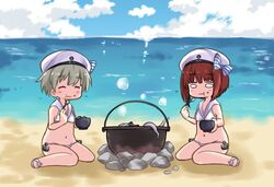  2girls :t abyssal_ship beach bikini bowl brown_hair campfire clothes_writing commentary_request cooking cosplay eating enemy_naval_mine_(kancolle) gin_(shioyude) grey_hair hat kantai_collection kneeling matching_outfits multiple_girls o_o pot sailor_bikini sailor_collar short_hair swimsuit tentacle white_bikini white_hat white_sailor_collar z1_leberecht_maass_(kancolle) z3_max_schultz_(kancolle) z3_max_schultz_(kancolle)_(cosplay) z3_max_schultz_(swimsuit_mode)_(kancolle) 