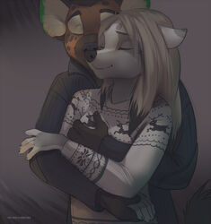  5_fingers anthro banzay black_nose blonde_hair breast_grab breasts canid canine canis closed_eyes clothed clothing domestic_dog duo female fingers hair hand_on_breast hug hyena koul koul_fardreamer male mammal romantic romantic_couple simple_background smile spotted_hyena wolf 