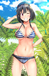  ;) bad_id bad_pixiv_id beret bikini black_hair blue_sky breasts cleavage cloud commentary_request day female grin hat hubrael kantai_collection large_breasts navel o-ring o-ring_top one_eye_closed outdoors photoshop_(medium) red_eyes shiny_skin short_hair sky smile solo strap_gap striped_bikini striped_clothes swimsuit takao_(kancolle) vegetation 