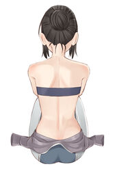  alternate_hairstyle amanchu! back back_focus bare_shoulders bikini bodysuit brown_hair commentary_request dimples_of_venus diving_suit easy_(aqk7bdqt) facing_away female from_behind full_body hair_bun hair_up katori_mato median_furrow nape sidelocks simple_background single_hair_bun sitting solo swimsuit undressing wetsuit white_background 