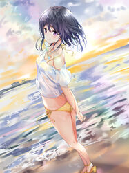  absurdres adagaki_aki arm_behind_back beach bikini black_hair blush commentary_request day dutch_angle female floating_hair hair_between_eyes highres leaning_to_the_side long_hair masamune-kun_no_revenge ocean off_shoulder outdoors purple_eyes shirt short_sleeves side-tie_bikini_bottom smile solo standing sunhyun swimsuit white_shirt yellow_bikini yellow_footwear 