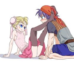  1boy arm_support bandana blonde_hair blue_eyes blue_hair blush brown_legwear bun_cover chrono_cross colored_eyelashes commentary_request double_bun duplicate feet female hair_bun leaning_back leaning_forward legs_on_another&#039;s_shoulders legs_up marcy_(chrono_cross) no_shoes panties pink_sweater red_bandana red_skirt ribbed_sweater s-a-murai serge_(chrono_cross) shadow short_hair simple_background sitting skirt sleeveless sleeveless_sweater sleeveless_turtleneck smile sweater thighhighs turtleneck underwear white_background white_panties 