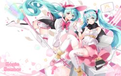  2girls 39 ahoge aqua_eyes aqua_hair asahi_kuroi blush boots c++_(programming_language) commentary copyright_name eyewear_on_head gloves hat hatsune_miku headphones highres long_hair multiple_girls open_mouth pink_eyes thigh_boots thighhighs vocaloid white_gloves white_legwear witch_hat 