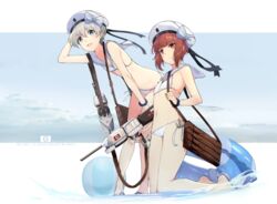  2girls :d bad_id bad_pixiv_id ball beachball bikini black_ribbon blue_eyes bow brown_eyes brown_hair character_name closed_mouth cosplay dated flat_chest full_body grey_hair hat hat_bow hat_ribbon kantai_collection kneeling leaning_forward looking_at_viewer matching_outfits multiple_girls navel nazi_flag open_mouth ribbon sailor_bikini sailor_collar sailor_hat sandals short_hair short_hair_with_long_locks side-tie_bikini_bottom sidelocks smile standing striped swastika swimsuit touzai_(poppin_phl95) turret white_bikini white_hat white_sailor_collar wrist_cuffs z1_leberecht_maass_(kancolle) z3_max_schultz_(kancolle) z3_max_schultz_(kancolle)_(cosplay) z3_max_schultz_(swimsuit_mode)_(kancolle) 