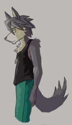  anthro avoid_posting bottomwear canid canine canis clothing doopcity grey_background hand_on_leg hi_res kouya_(morenatsu) male mammal morenatsu pants shirt side_view simple_background solo tank_top topwear wolf 