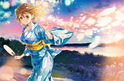  blonde_hair blush braid collarbone commentary_request female fireworks floating_hair flower grasslands hair_flower hair_ornament hairclip hand_fan hand_up highres holding holding_fan japanese_clothes kimono koiwai_yoshino lake looking_at_viewer masamune-kun_no_revenge paper_fan short_hair sidelocks sky smile solo tiv uchiwa yellow_eyes yukata 