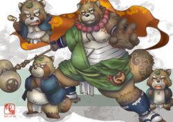  2019 anthro asian_clothing belly brown_body brown_fur canid canine clothing east_asian_clothing eye_scar facial_scar footwear fundoshi fur group gyobu&#039;s_underlings gyobu_(tas) hammer humanoid_hands imva_imva japanese_clothing leaf lifewonders male mammal moobs navel nipples overweight overweight_male raccoon_dog robe sandals scar tanuki tattoo tokyo_afterschool_summoners tools underwear young young_anthro young_male 