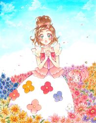  :d :o aqua_eyes blush bow brown_hair bug butterfly choker cloud cloudy_sky commentary dress earrings female field flower flower_earrings flower_field flower_request go!_princess_precure hair_flower hair_ornament hairbow haruno_haruka heart highres interlocked_fingers jewelry long_dress looking_at_viewer marker_(medium) mikan_(mikataaaa) open_mouth outdoors own_hands_together petals precure puff_(go!_princess_precure) purple_eyes short_hair sky smile solo thick_eyebrows traditional_media 