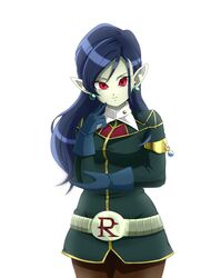  belt blue_hair commentary_request demon_girl dragon_ball dragon_ball_heroes earrings female gloves jewelry long_hair looking_at_viewer pantyhose pointy_ears red_eyes robelu smile solo tomomon_(badatomo) 