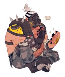  ... 1boy applying_manicure arm_wrap armor bad_id bad_twitter_id belt black_gloves black_nails boots fat fat_man fingerless_gloves fingernails gas_mask gauntlets gloves hair_ornament hair_tie holding jewelry knee_pads male_focus mask nail_polish nail_polish_bottle overwatch overwatch_1 painting_fingernails pants pauldrons pig_tattoo ponytail ring roadhog_(overwatch) short_ponytail shoulder_armor simple_background single_glove sitting skull solo sparkle spikes spoken_ellipsis stomach_tattoo tattoo topless_male white_background white_hair x_navel 