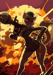  2017 anthro bittenhard breasts canid canine clothed clothing cool_guys_don&#039;t_look_at_explosions explosion eyewear female fox glasses hat headgear headwear legwear looking_at_viewer lt._fox_vixen mammal military_uniform ranged_weapon rape_face rocket_launcher sek_studio smile solo squirrel_and_hedgehog stockings teeth uniform weapon wide_hips 