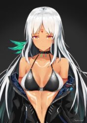  arm_strap azur_lane bare_shoulders bikini bikini_top_only bikini_under_clothes black_jacket blush breasts brown_eyes choker cleavage closed_mouth collarbone commentary dark-skinned_female dark_skin feather_hair_ornament feathers female hair_ornament highres jacket large_breasts long_hair long_sleeves looking_at_viewer massachusetts_(azur_lane) multicolored_hair native_american navel off_shoulder open_clothes partially_unzipped septoleaf sidelocks signature simple_background smile solo swimsuit tan white_hair zipper 