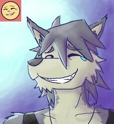  avoid_posting blue_background bodily_fluids canid canine canis closed_eyes crying doopcity emoticon gradient_background happy kouya_(morenatsu) mammal morenatsu simple_background tears wolf 