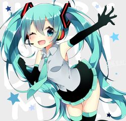  aqua_eyes aqua_hair black_gloves commentary_request elbow_gloves female gloves hatsune_miku headset long_hair necktie one_eye_closed open_mouth outstretched_arm shizuku_(puti_0414) skirt solo thighhighs twintails very_long_hair vocaloid 