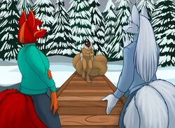  anthro black_body black_fur canid canine clothed clothing dreamspinner female fox foxenawolf fur group hair krinele_fullin mammal molly_fullin multi_tail nocturne_(datban) outside plant red_body red_fur red_hair smile snow tail tree white_body white_fur white_hair 