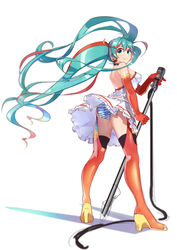  absurdres aqua_eyes aqua_hair ass backless_dress backless_outfit bad_id bad_pixiv_id choker closed_mouth derivative_work dress elbow_gloves female floating_hair from_behind full_body gloves goodsmile_racing hatsune_miku headphones high_heels highres long_hair looking_at_viewer looking_back microphone microphone_stand panties pantyshot photoshop_(medium) racing_miku racing_miku_(2016) short_dress simple_background solo strapless strapless_dress striped_clothes striped_panties thighhighs twintails underwear upskirt very_long_hair vocaloid white_background xiaoyu 