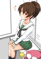  anglerfish_costume bad_id bad_twitter_id bench black_neckerchief black_socks blouse blush bodysuit brown_eyes brown_hair commentary_request female fish_costume girls_und_panzer green_skirt hanchou_(shirokun555) hands_on_lap koyama_yuzu locker locker_room long_sleeves looking_at_viewer miniskirt neckerchief notice_lines ooarai_school_uniform parted_lips partially_colored pink_bodysuit pleated_skirt school_uniform serafuku shirt short_hair short_ponytail sitting skirt socks solo white_shirt 