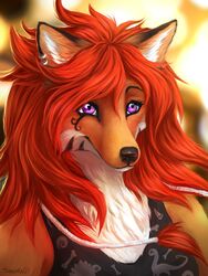  2019 anthro canid canine clothed clothing digital_media_(artwork) ear_piercing ear_ring eyelashes female fox hi_res mammal piercing purple_eyes ring_piercing shalinka smile solo 