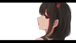  bare_shoulders black-haired_demon_girl_(shimmer) black_hair commentary demon_horns female from_side horns letterboxed long_hair looking_at_viewer looking_to_the_side original parted_lips portrait profile red_eyes shimmer shirt_straps simple_background solo symbol-only_commentary white_background 