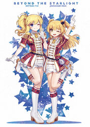  2girls ;d across_the_stars_(idolmaster) ainy argyle arm_at_side arm_up ascot bad_id bad_pixiv_id belt blonde_hair blue_eyes blush boots bow breasts character_name clock curly_hair dress epaulettes eyelashes feather_hair_ornament feathers full_body glitter gloves grin hair_bobbles hair_ornament high_heel_boots high_heels highres idolmaster idolmaster_cinderella_girls idolmaster_cinderella_girls_starlight_stage jacket jougasaki_rika knee_boots lace lace-trimmed_dress lace_trim layered_dress leg_belt leg_up long_hair looking_at_viewer multiple_girls oerba_yun_fang ohtsuki_yui one_eye_closed open_mouth photoshop_(medium) pointing pom_pom_(clothes) ponytail shiny_skin short_sleeves sidelocks small_breasts smile standing standing_on_one_leg star_(symbol) star_hair_ornament tsurime two_side_up waving white_background white_dress white_feathers white_footwear white_gloves yellow_ascot yellow_bow yellow_eyes 