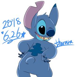  1:1 2018 4_fingers alien ass back_markings black_eyes blue_body blue_butt blue_claws blue_fur blue_nose blue_pawpads butt_pose claws digital_drawing_(artwork) digital_media_(artwork) disney experiment_(lilo_and_stitch) fingers fur hands_on_hips harara head_tuft hi_res hidden_mickey lilo_and_stitch looking_at_viewer looking_back markings notched_ear open_mouth open_smile pawpads pose rear_view signature simple_background small_tail smile solo star stitch_(lilo_and_stitch) tail teeth tuft white_background 