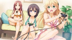  3girls :&lt; barefoot bikini black_hair blonde_hair blush breasts brown_hair cable cleavage closed_mouth collarbone commentary_request company_name copyright_name couch cushion drink drinking drinking_straw dutch_angle end_card frilled_bikini frills front-tie_top gamers! green_bikini green_eyes hair_between_eyes hair_ornament hand_on_own_leg highres holding hoshinomori_chiaki indoors knees_together_feet_apart large_breasts long_hair multiple_girls nakajima_yuka on_floor ooiso_niina open_mouth orange_bikini painting_(object) parted_bangs pink_bikini plaid plaid_bikini plant playing_games playstation_controller polka_dot polka_dot_bikini potted_plant purple_eyes sarong shiny_skin sitting swimsuit tendou_karen watermark yellow_eyes 