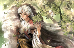  1boy armor facial_mark honeycomb_pattern inuyasha long_hair male_focus multiple_swords pointy_ears sash sesshomaru sharp_fingernails solo sword tenseiga tokijin tree weapon white_hair yellow_eyes 