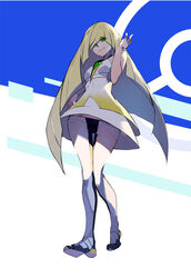  blonde_hair commentary dress female full_body green_eyes guratan hair_over_one_eye hand_on_own_hip leggings leggings_pull long_hair lusamine_(pokemon) photoshop_(medium) pokemon pokemon_sm shoes sleeveless sleeveless_dress smile solo standing very_long_hair 