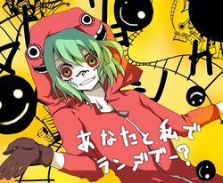  bad_id bad_pixiv_id commentary_request female gloves green_eyes green_hair grin gumi hood hoodie lowres matryoshka_(vocaloid) multicolored_eyes red_eyes short_hair smile solo tanemaki_shirura vocaloid 