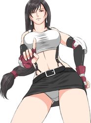  belt big_breasts black_hair breasts earrings elbow_gloves female final_fantasy final_fantasy_vii fingerless_gloves gloves large_breasts long_hair midriff miniskirt mugensaku panties pantyshot red_eyes skirt solo suspenders tanktop tifa_lockhart upskirt white_panties 