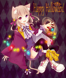  1boy akaimo_satsuma animal_ears bad_id bad_pixiv_id black_thighhighs bow brown_hair cape cat_ears cat_tail cross english_text full_body gem glowing goma_(11zihisin) hairbow halloween happy_halloween heterochromia highres long_hair magic_circle male_focus oerba_yun_fang open_mouth original otoko_no_ko photoshop_(medium) platform_footwear ponytail purple_eyes red_eyes ribbon smile solo star_(symbol) tail thighhighs 