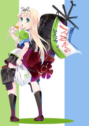  alternate_costume bag black_skirt blonde_hair blush commentary_request employee_uniform familymart female flag food green_eyes hair_ribbon highres imu_sanjo kantai_collection long_hair open_mouth plastic_bag pleated_skirt ribbon simple_background skirt solo striped striped_background translated uniform yuudachi_(familymart)_(kancolle) yuudachi_(kancolle) 